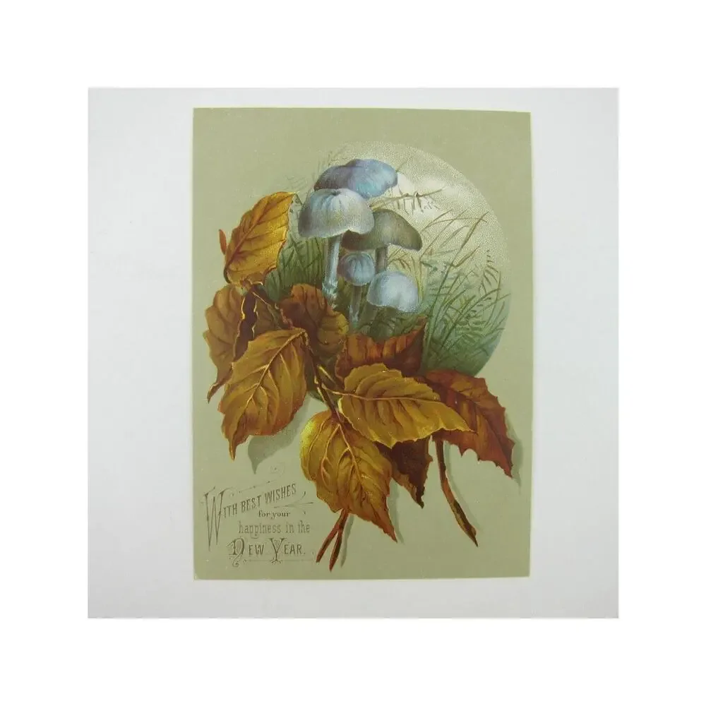 Victorian Greeting Card New Years Blue Mushrooms & Winter Leaves Grass Antique